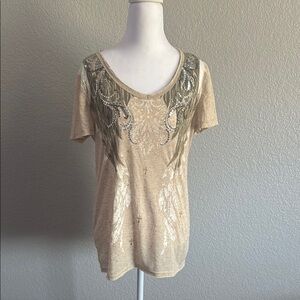 Miss Me T-shirt size Large Tan Sequin Embellished Short Sleeve Tee
